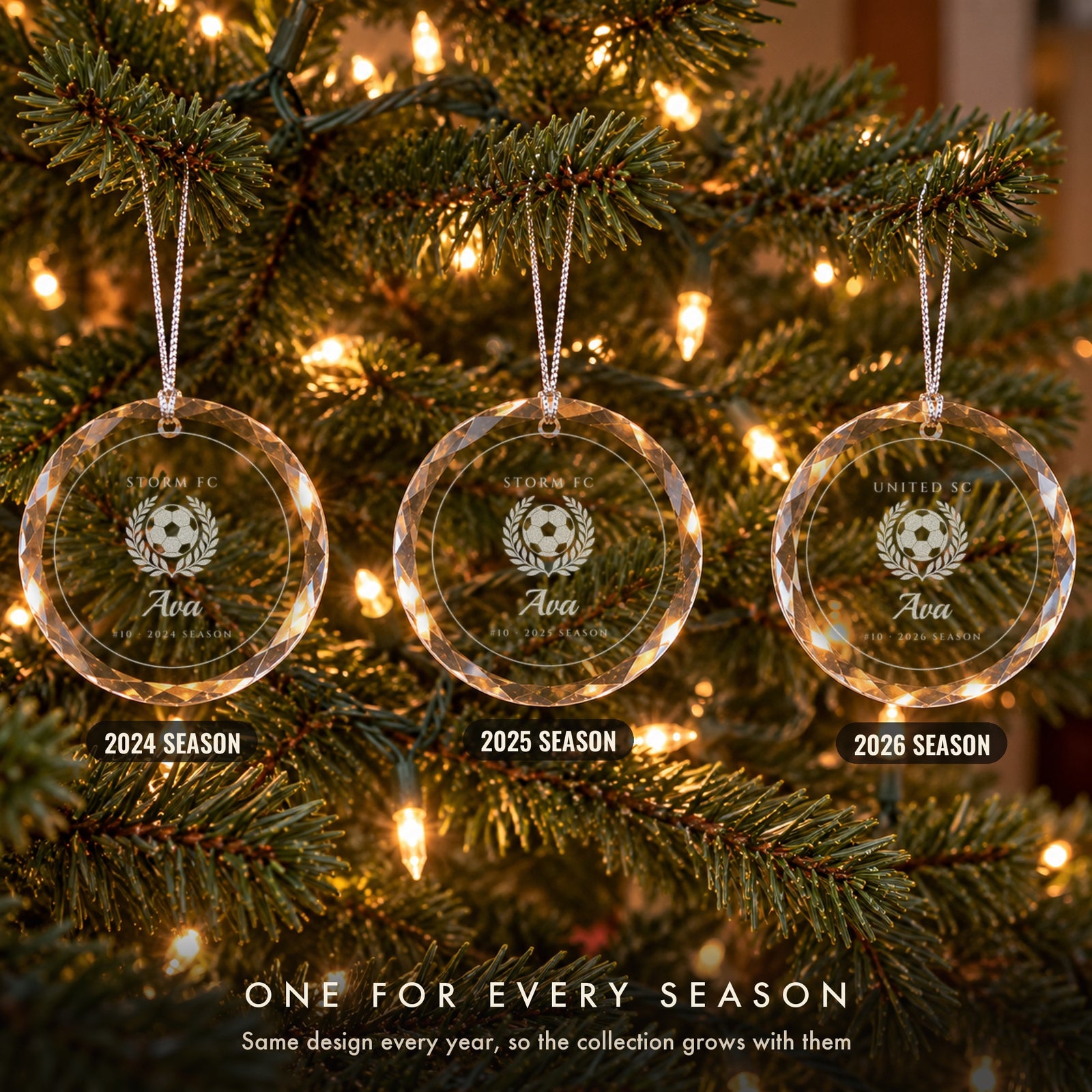 Three personalized soccer Christmas ornaments on a tree, one for each season, engraved Ava #10 for the 2024, 2025 and 2026 seasons
