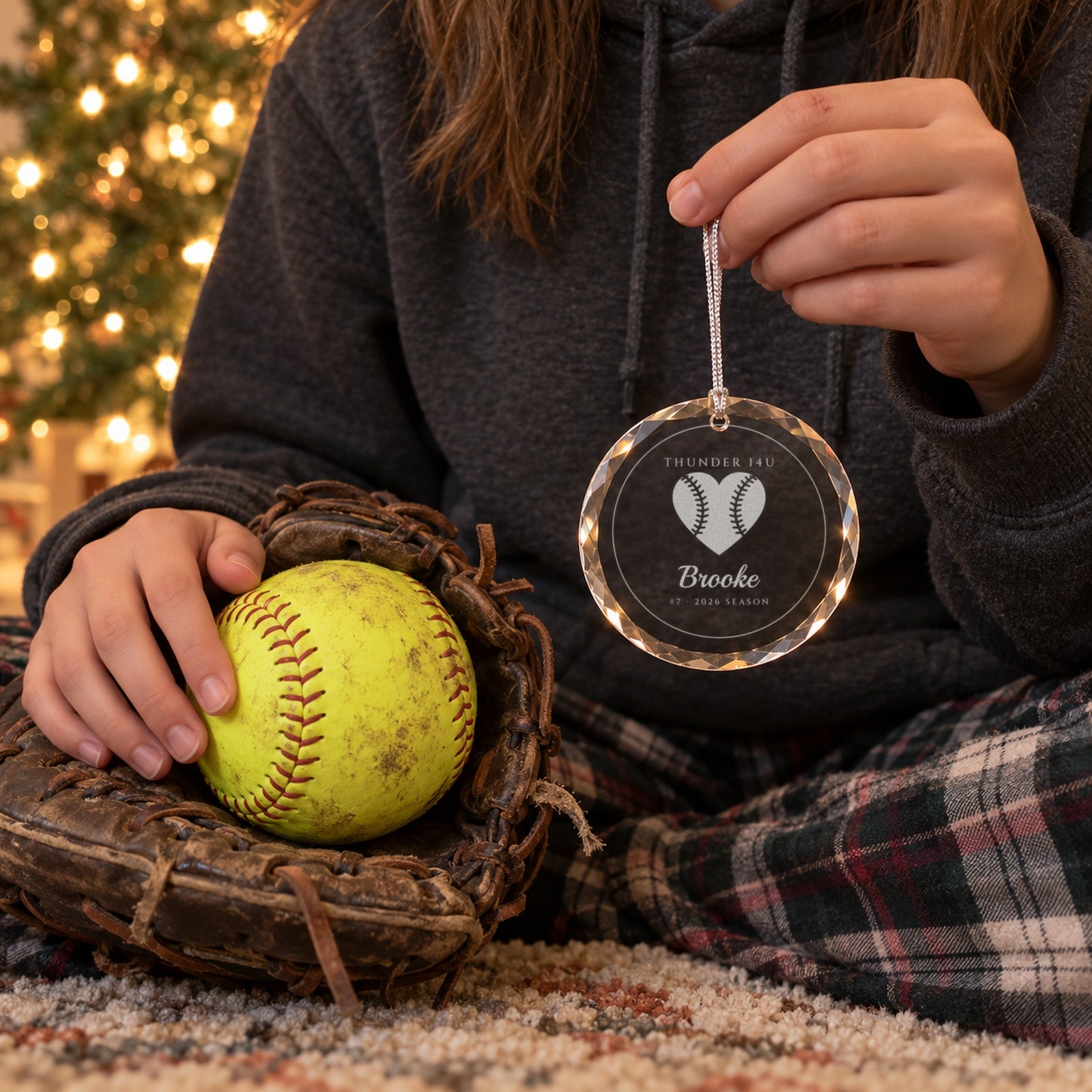 Softball player holding the engraved glass ornament by its cord beside her glove and yellow softball, THUNDER 14U, Brooke, #7 · 2026 SEASON, at true size