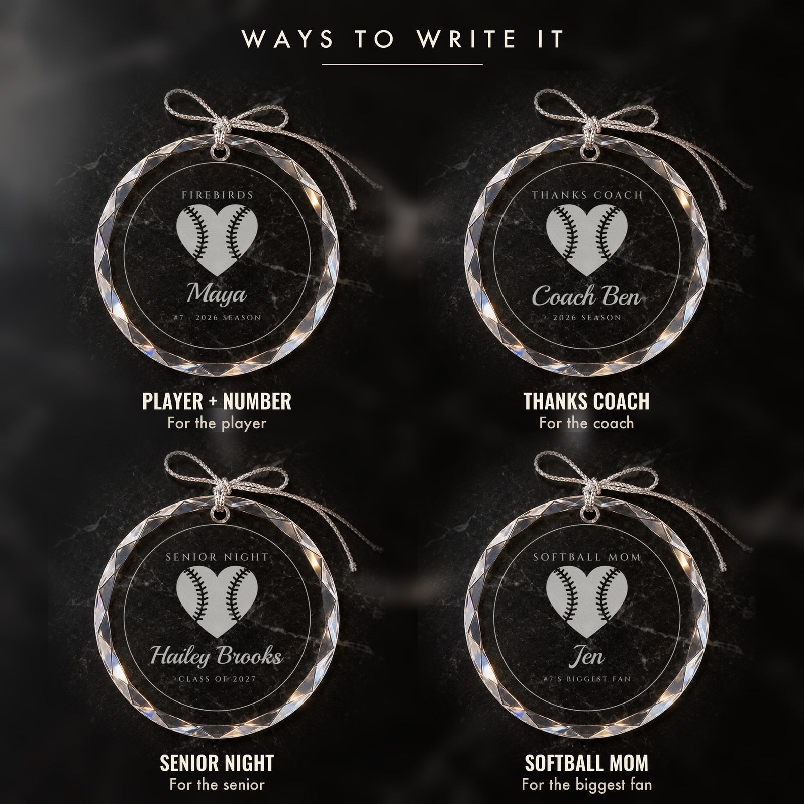 Four ways to write the softball ornament: a player with a number, THANKS COACH for the coach, SENIOR NIGHT and SOFTBALL MOM for the biggest fan