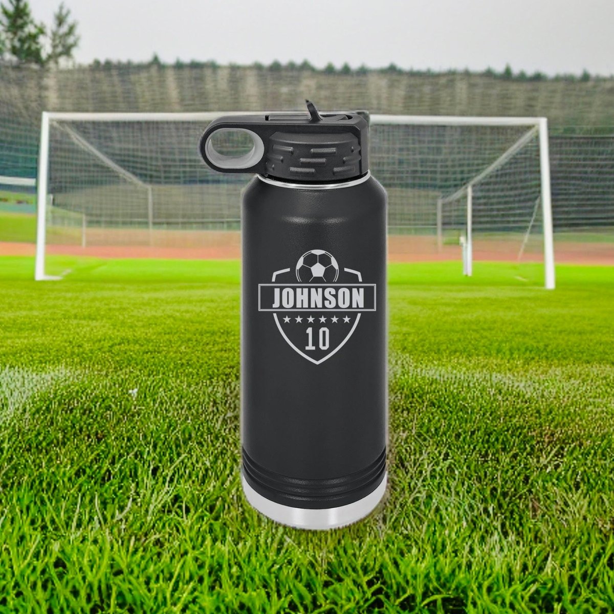 32 ounce personalized soccer water bottle shown with a flip-top straw lid, available in 11 colors