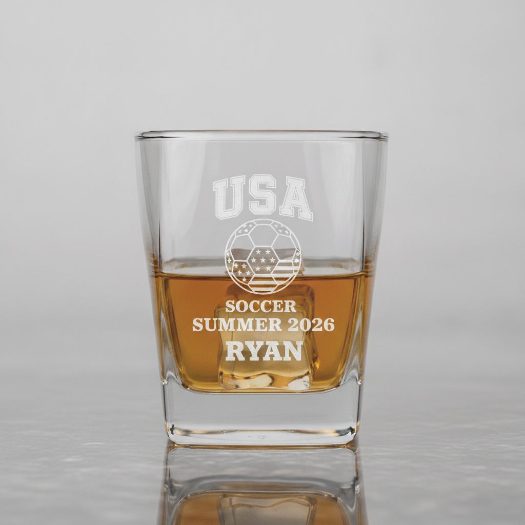 USA Soccer 2026 whiskey glass, a heavy-base rocks glass laser-etched with a USA stars-and-stripes soccer design and personalized with a name