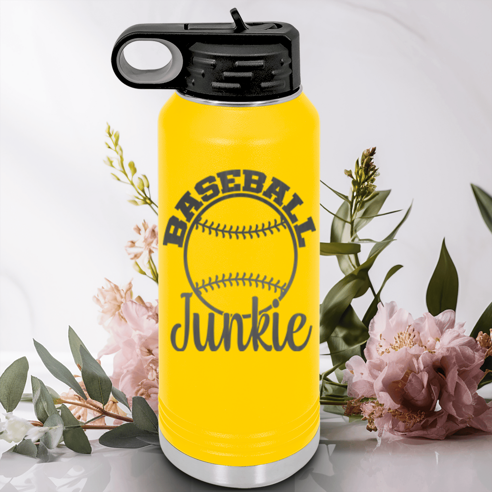 Yellow Baseball Water Bottle With Addicted To The Diamond Design