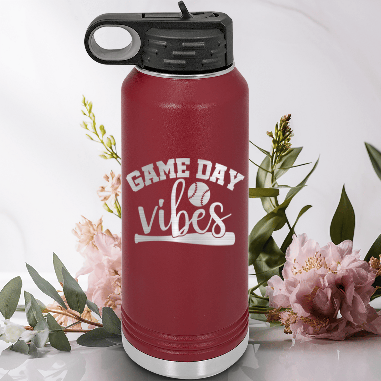 Maroon Baseball Water Bottle With Baseball Mood Design