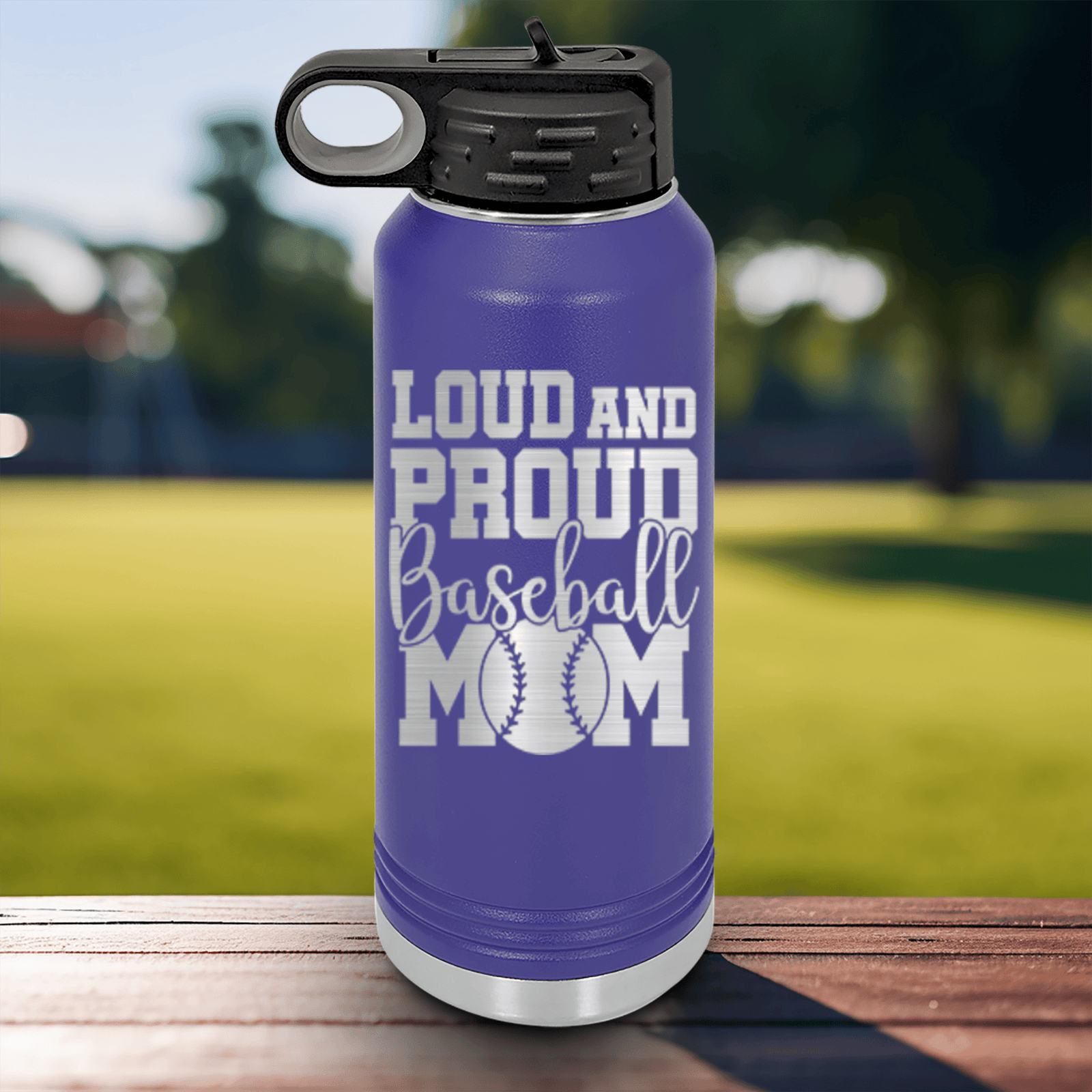 Purple Baseball Water Bottle With Echoing Cheers From The Diamond Design