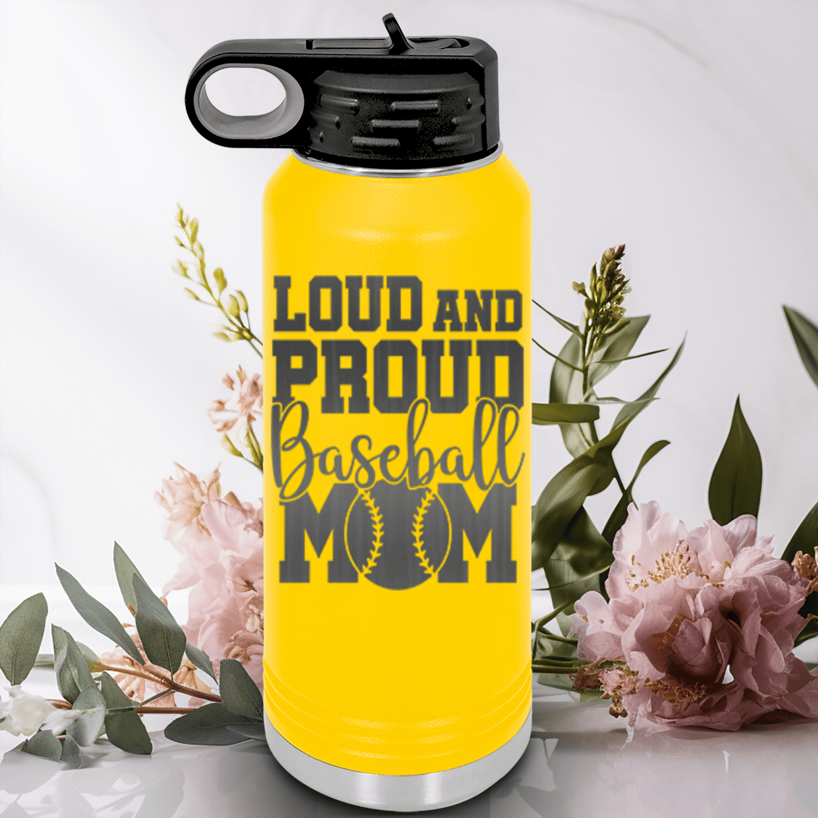 Yellow Baseball Water Bottle With Echoing Cheers From The Diamond Design