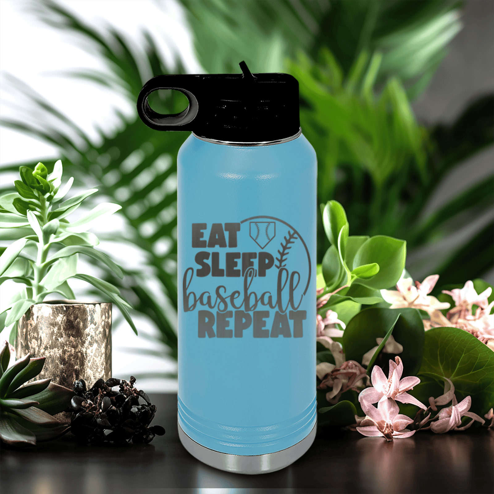 Light Blue Baseball Water Bottle With Lifes Rythm Baseball Design
