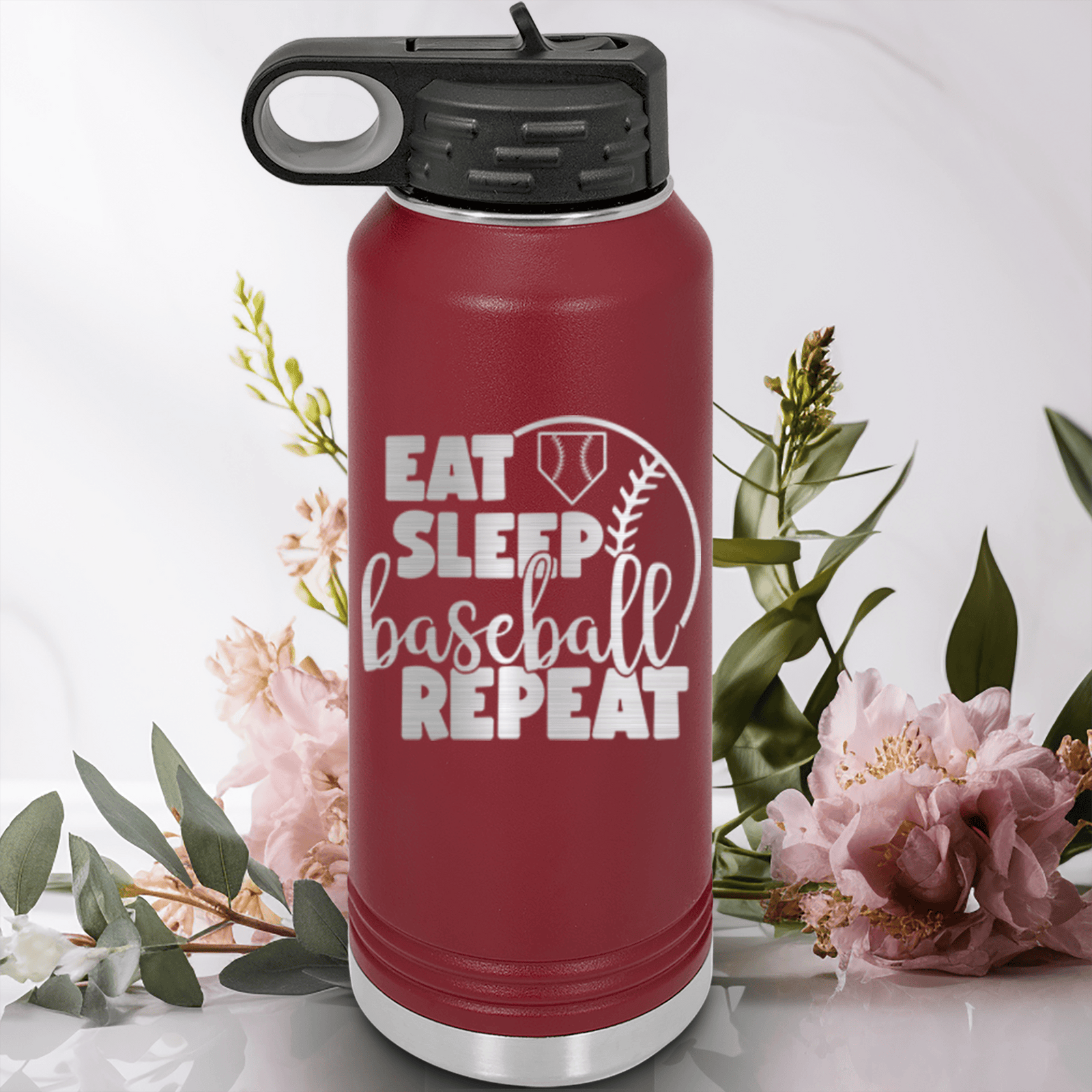 Maroon Baseball Water Bottle With Lifes Rythm Baseball Design
