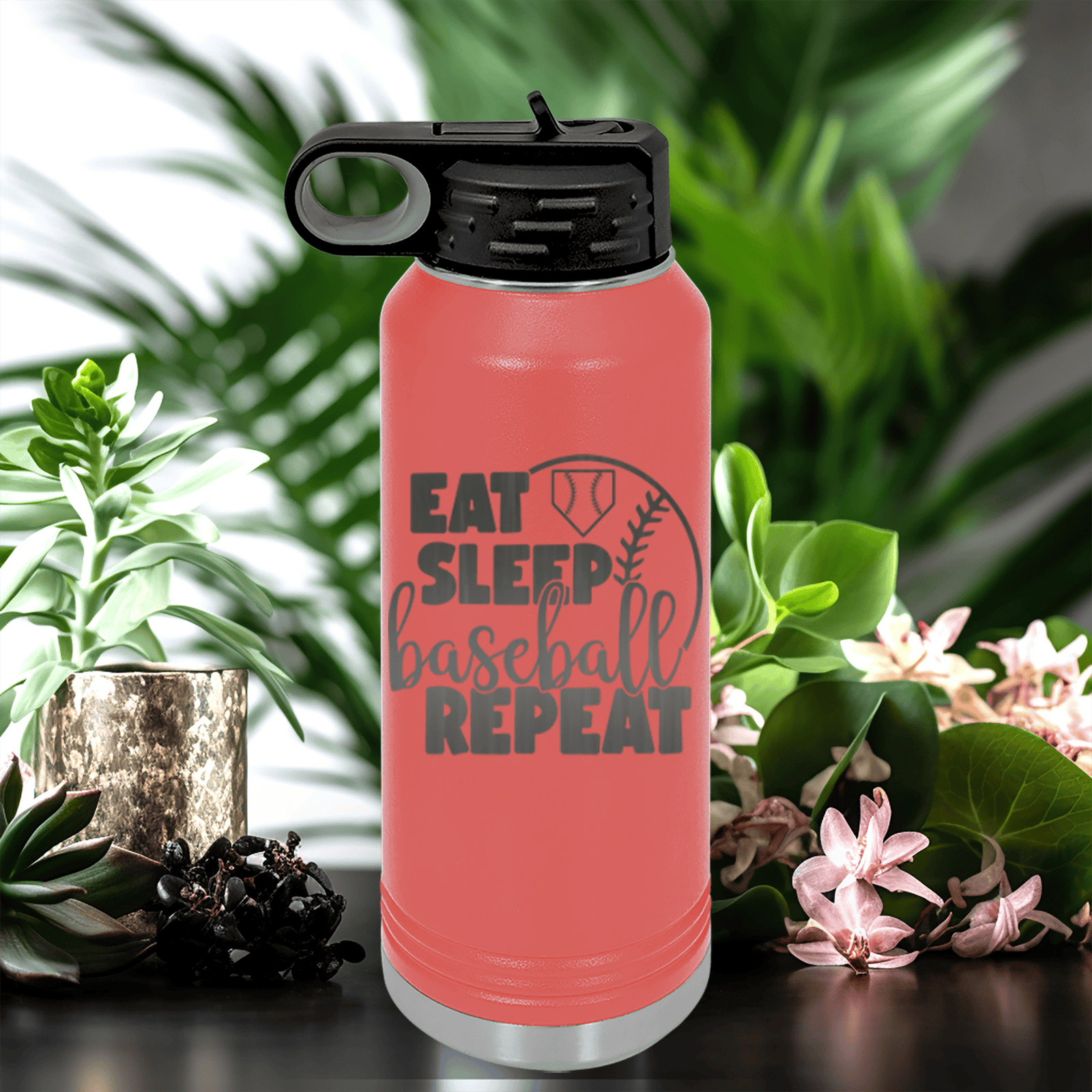 Salmon Baseball Water Bottle With Lifes Rythm Baseball Design