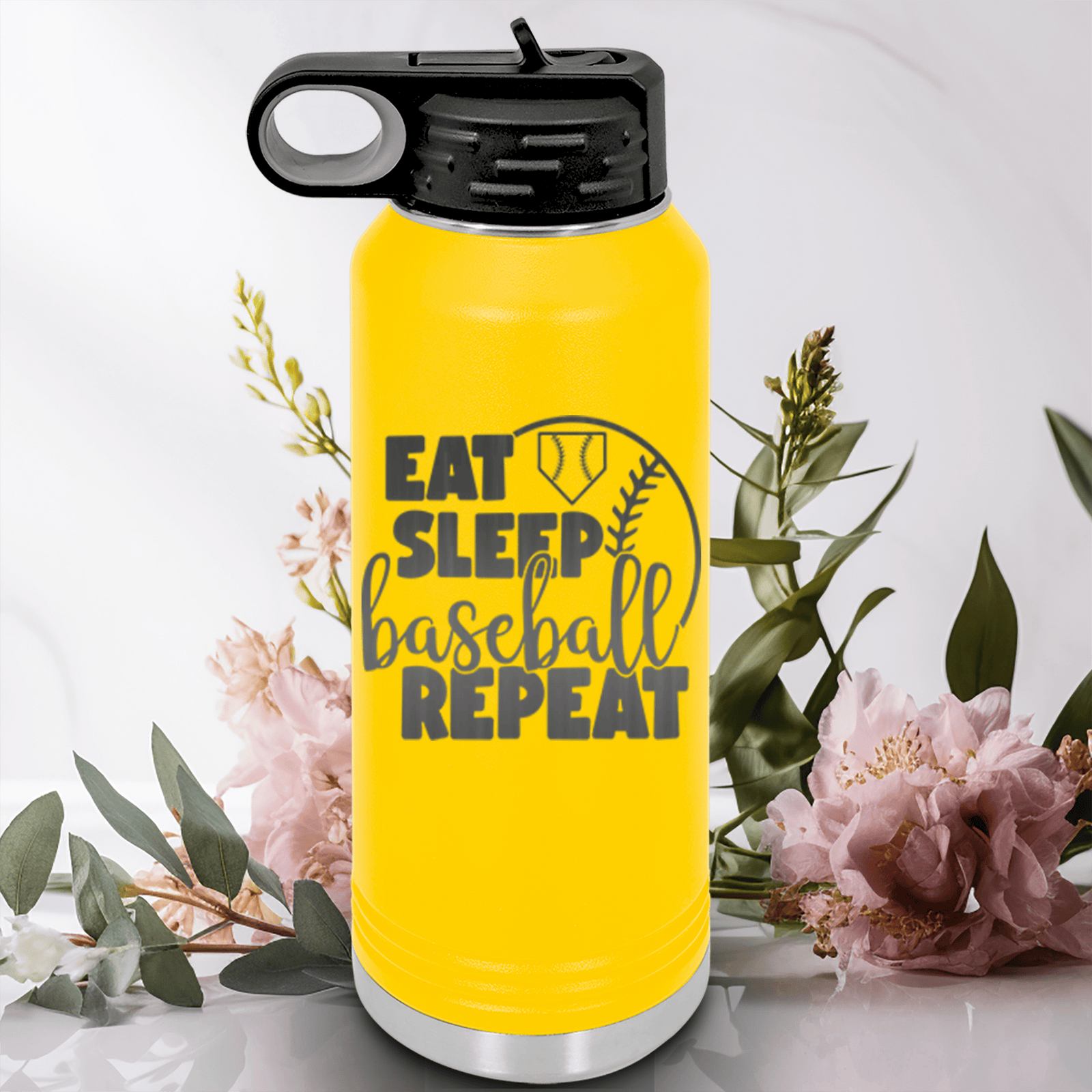 Yellow Baseball Water Bottle With Lifes Rythm Baseball Design