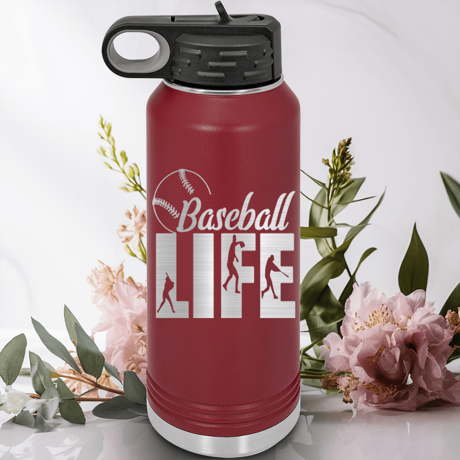 Maroon Baseball Water Bottle With Living The Diamond Dream Design