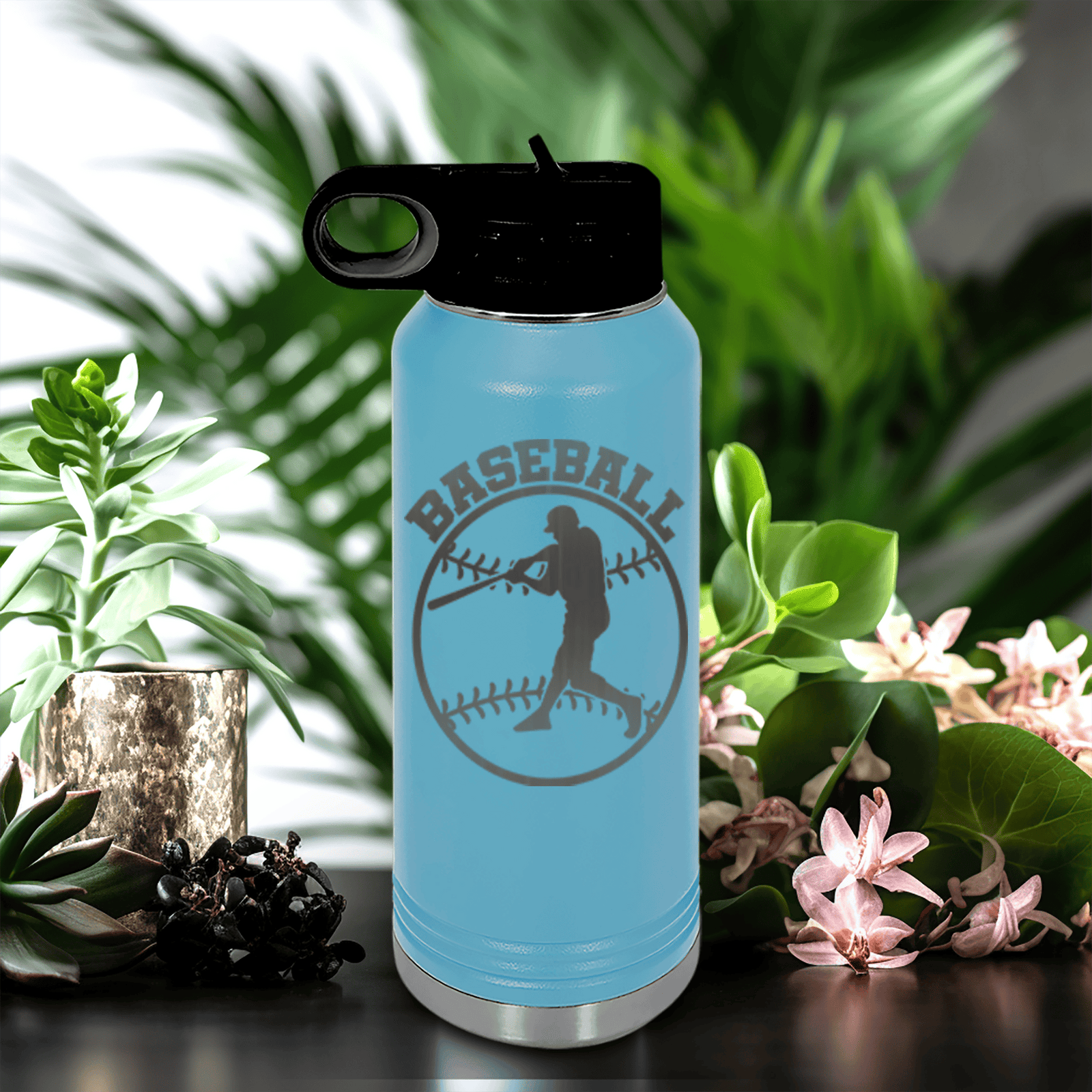 Light Blue Baseball Water Bottle With Player Spotlight Design