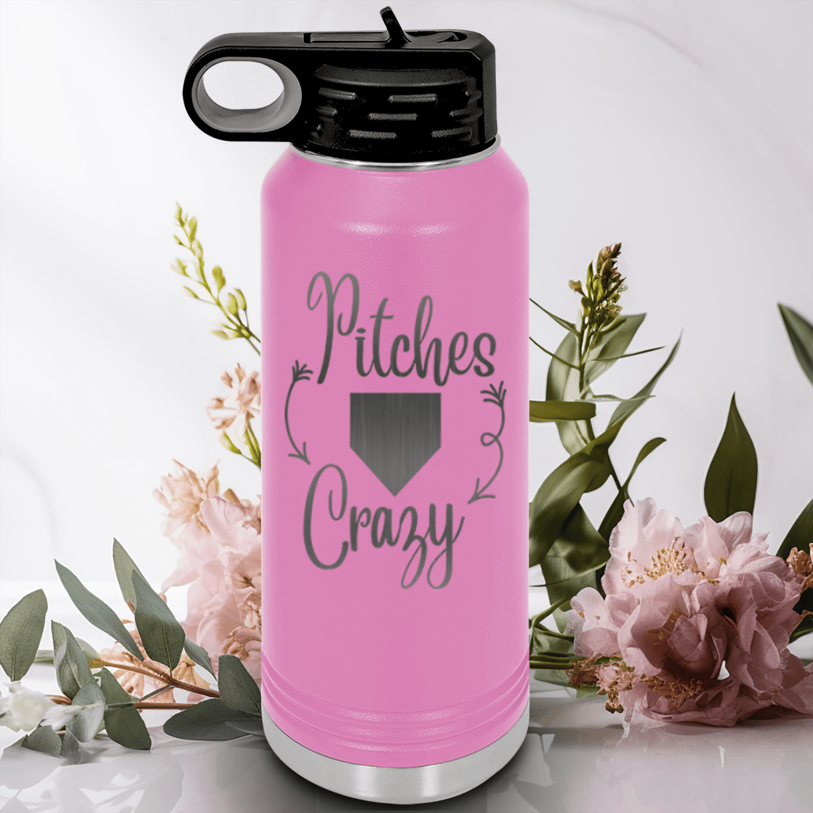 Light Purple Baseball Water Bottle With Playful Pitch Madness Design