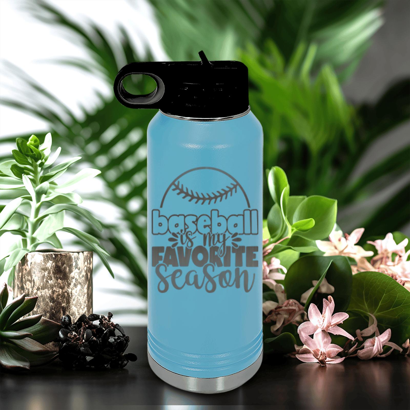 Light Blue Baseball Water Bottle With Season Of Home Runs Design