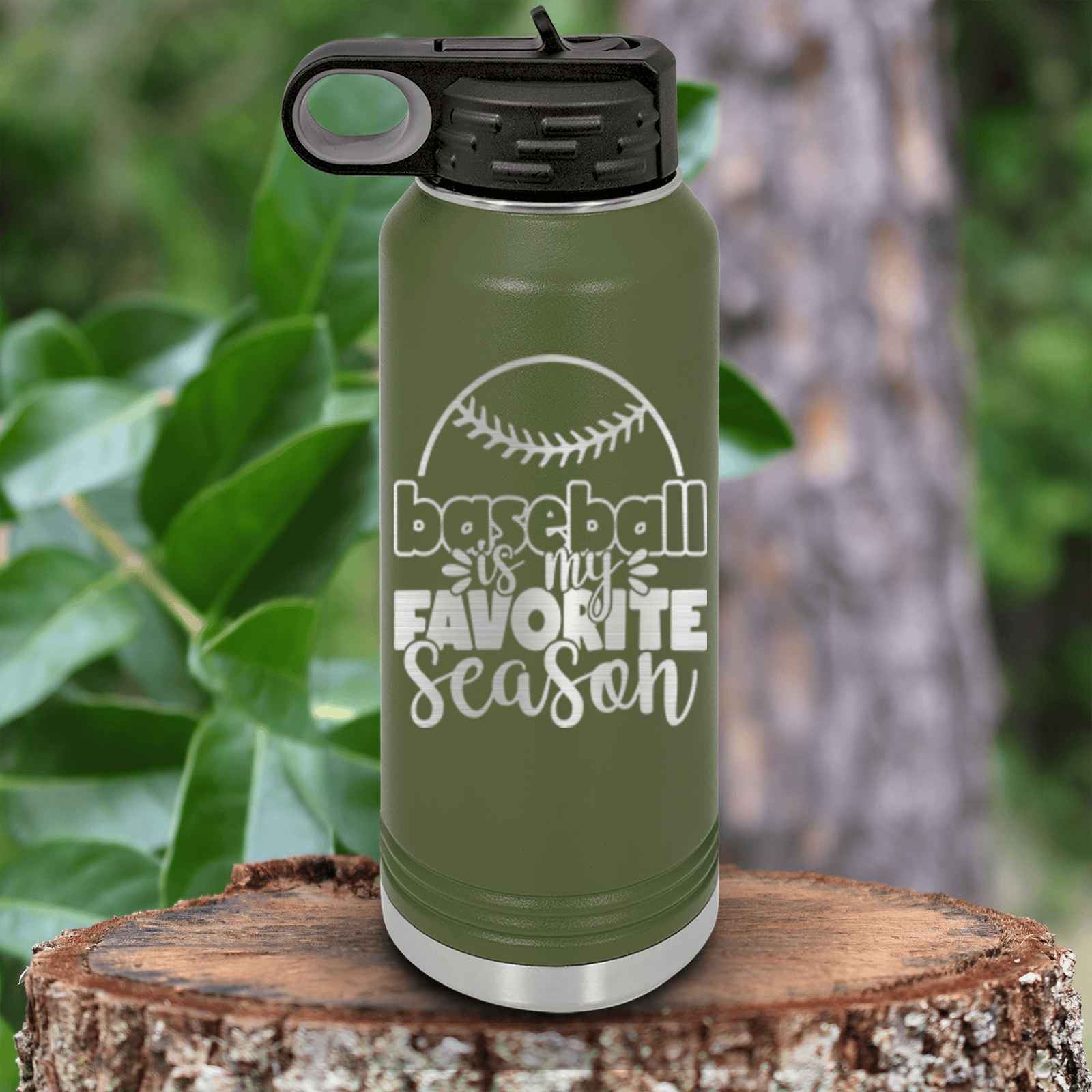 Military Green Baseball Water Bottle With Season Of Home Runs Design