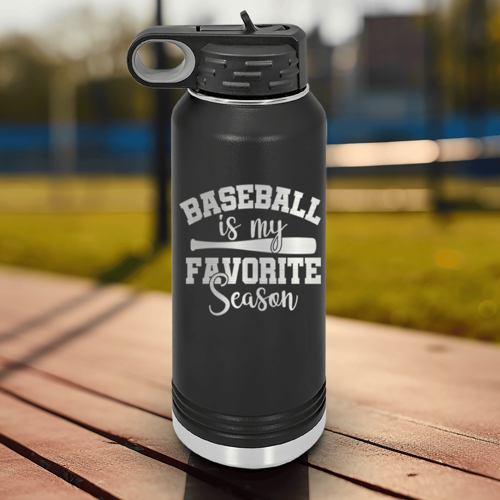 Black Baseball Water Bottle With When Bats Swing Hearts Sing Design