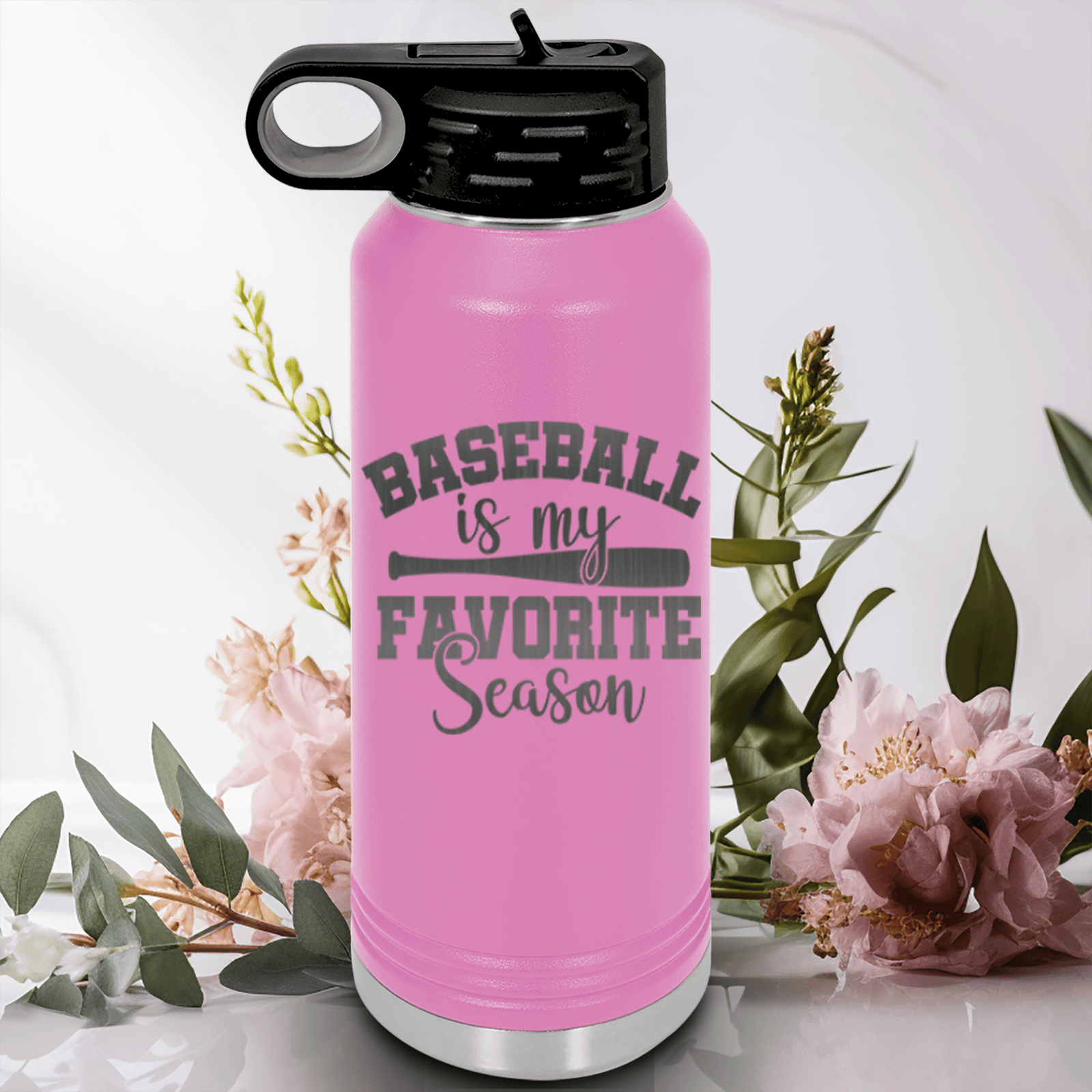 Light Purple Baseball Water Bottle With When Bats Swing Hearts Sing Design