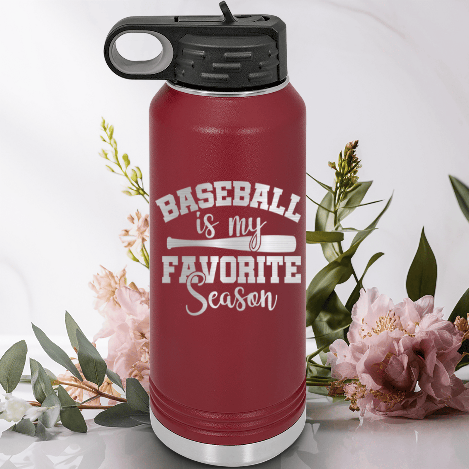 Maroon Baseball Water Bottle With When Bats Swing Hearts Sing Design