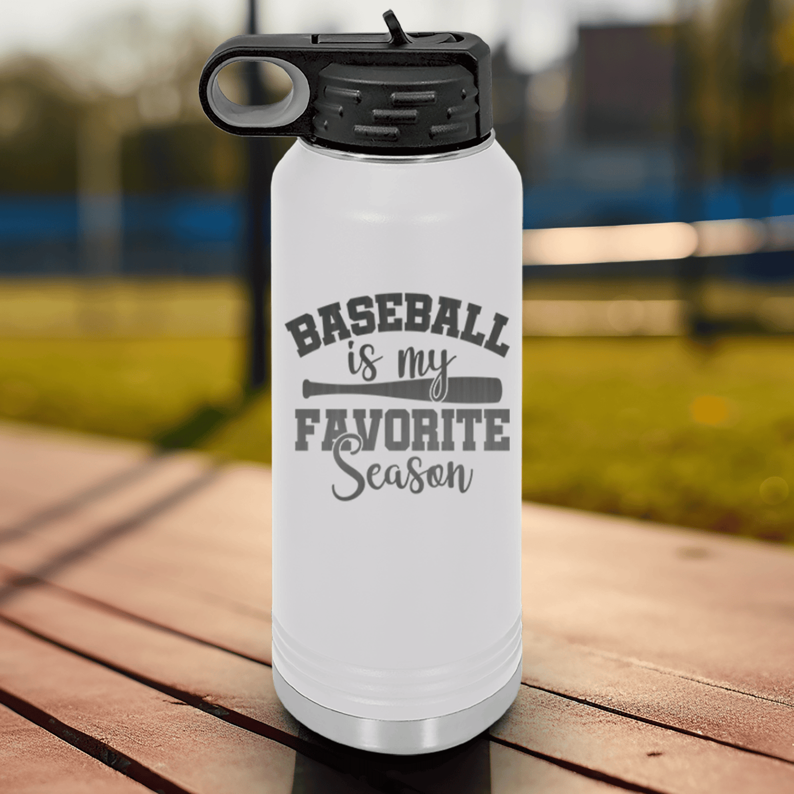 White Baseball Water Bottle With When Bats Swing Hearts Sing Design
