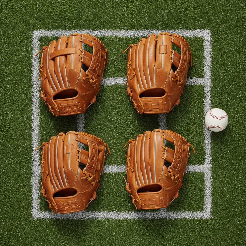 Four leather baseball fielding gloves with different web types arranged on green baseball turf beside a new baseball, showing the variety of glove styles a buyer can choose from.