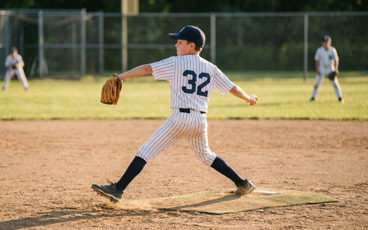 Youth baseball pitcher in mid delivery on the mound at golden hour, number 32 on his jersey, striding toward home as dust kicks off the rubber.