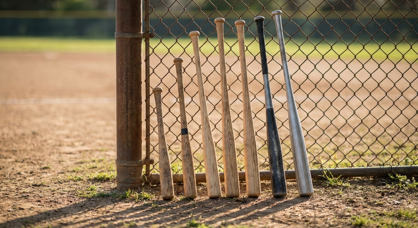A row of five real baseball bats of different lengths, from a short youth bat to a long adult bat, leaning against a chain-link dugout fence on a baseball field, showing how bat size grows with a player.