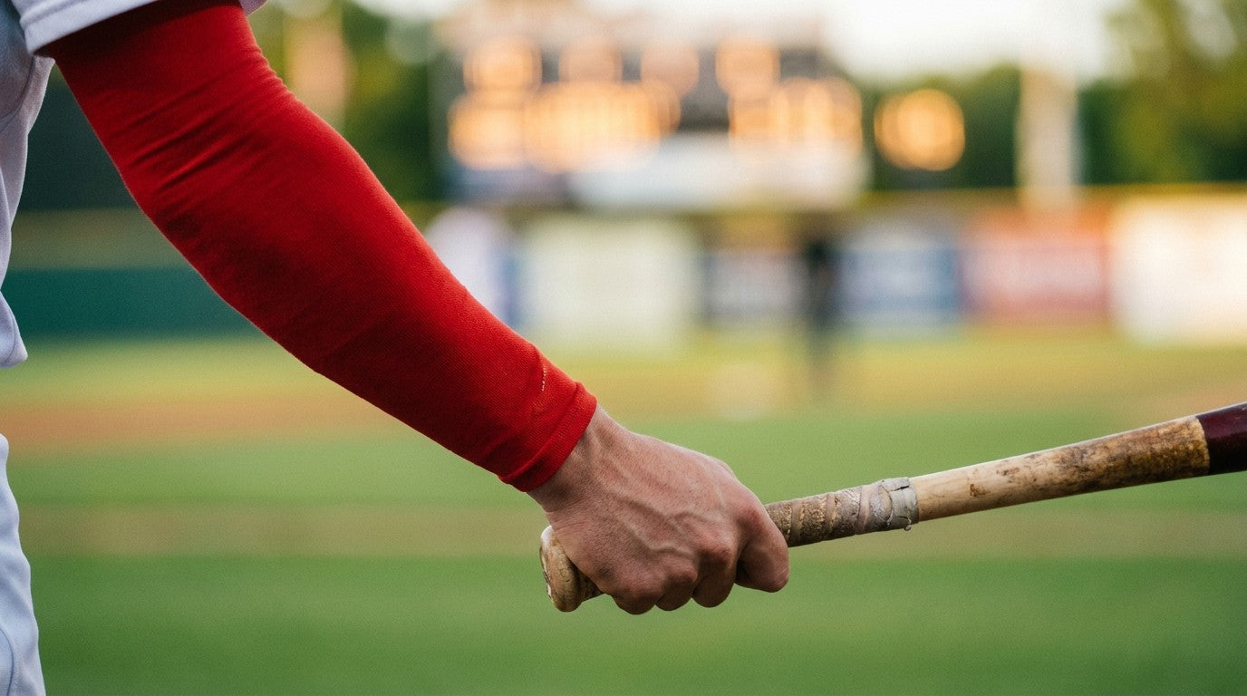 A baseball player at bat wearing a bold red compression arm sleeve, gripping the bat on a sunlit field, the best baseball arm sleeves for players.