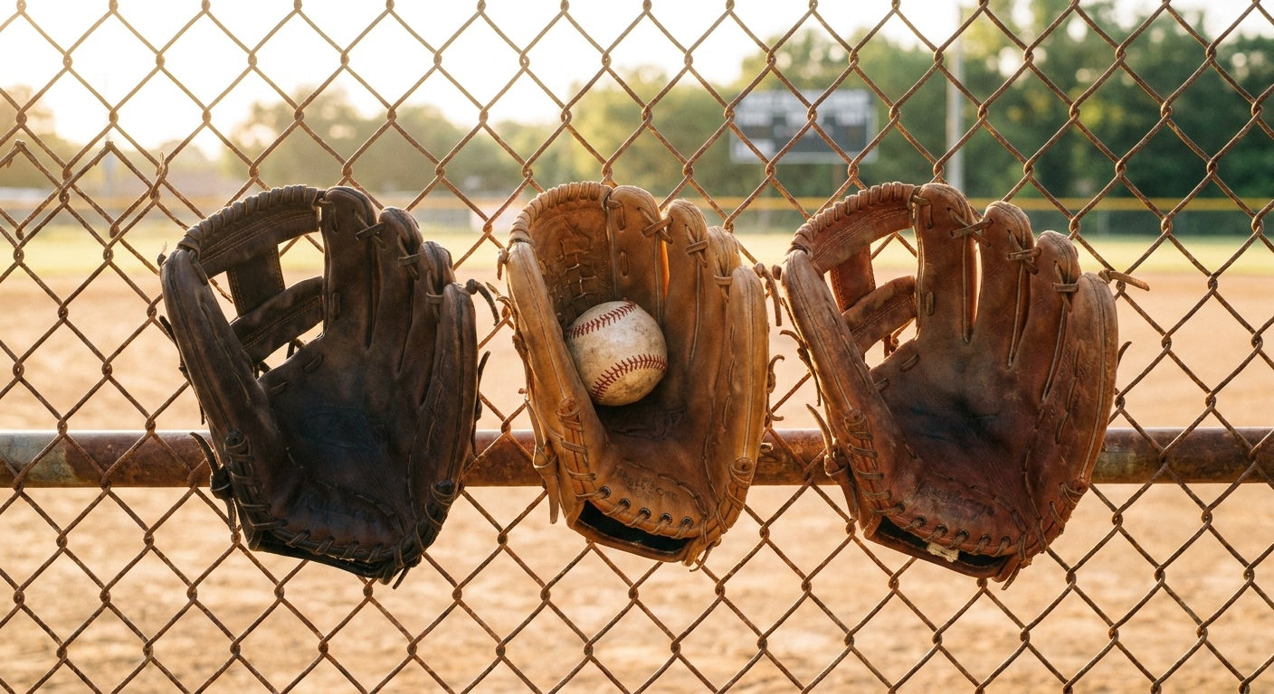 Three leather baseball gloves in different shades of tan and brown hanging on a chain-link dugout fence with a baseball in one pocket at golden hour, showing the variety of gloves a buyer can choose from.