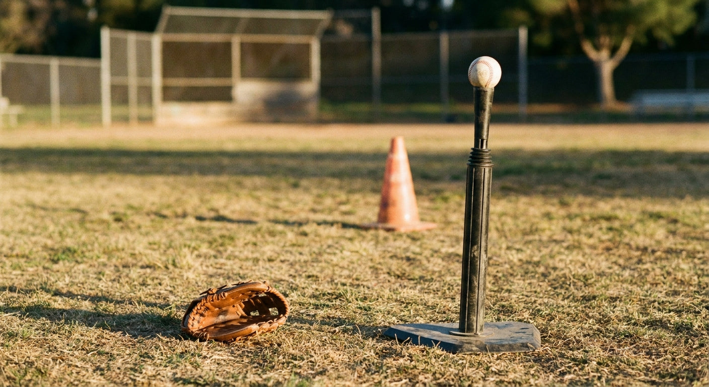 A batting tee holding a baseball on a little league infield at golden hour, with a small youth glove and an orange cone on the grass beside it, set for t-ball practice