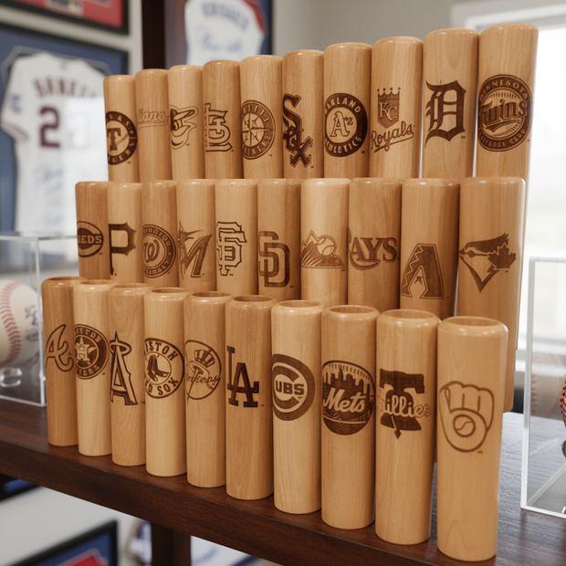 Rows of wooden bat barrel mugs etched with the logos of all 30 MLB teams on collector shelves, unique gifts for baseball fans and baseball lovers