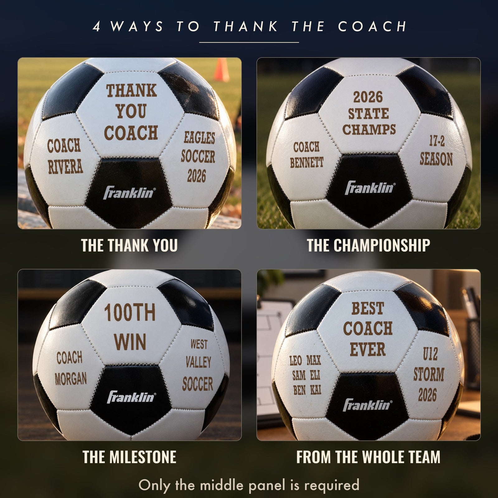 Four soccer coach gift ideas on engraved balls: a thank you, a state championship, a 100th win, and a ball with every player's first name