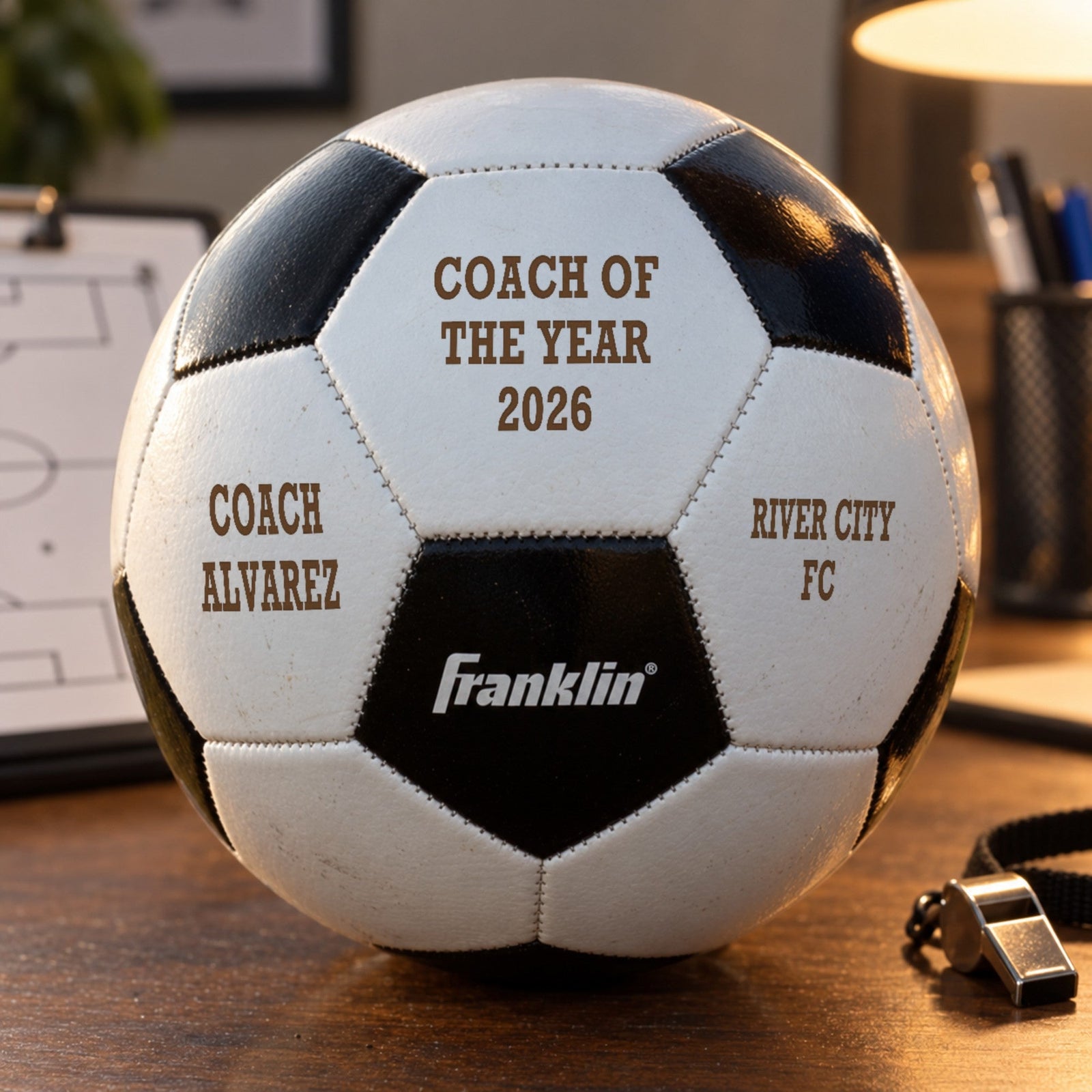 Close-up of a personalized soccer ball engraved Coach of the Year 2026 in warm brown, with the coach's name and team on the side panels