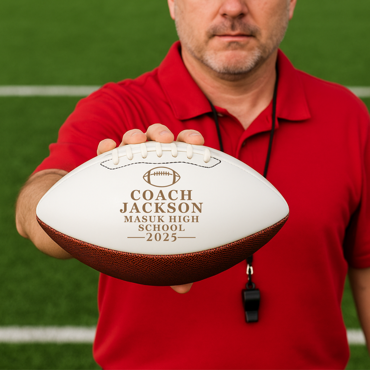 Personalized football coach keepsake ball engraved with the coach's name, school, and season, a display football that honors his leadership