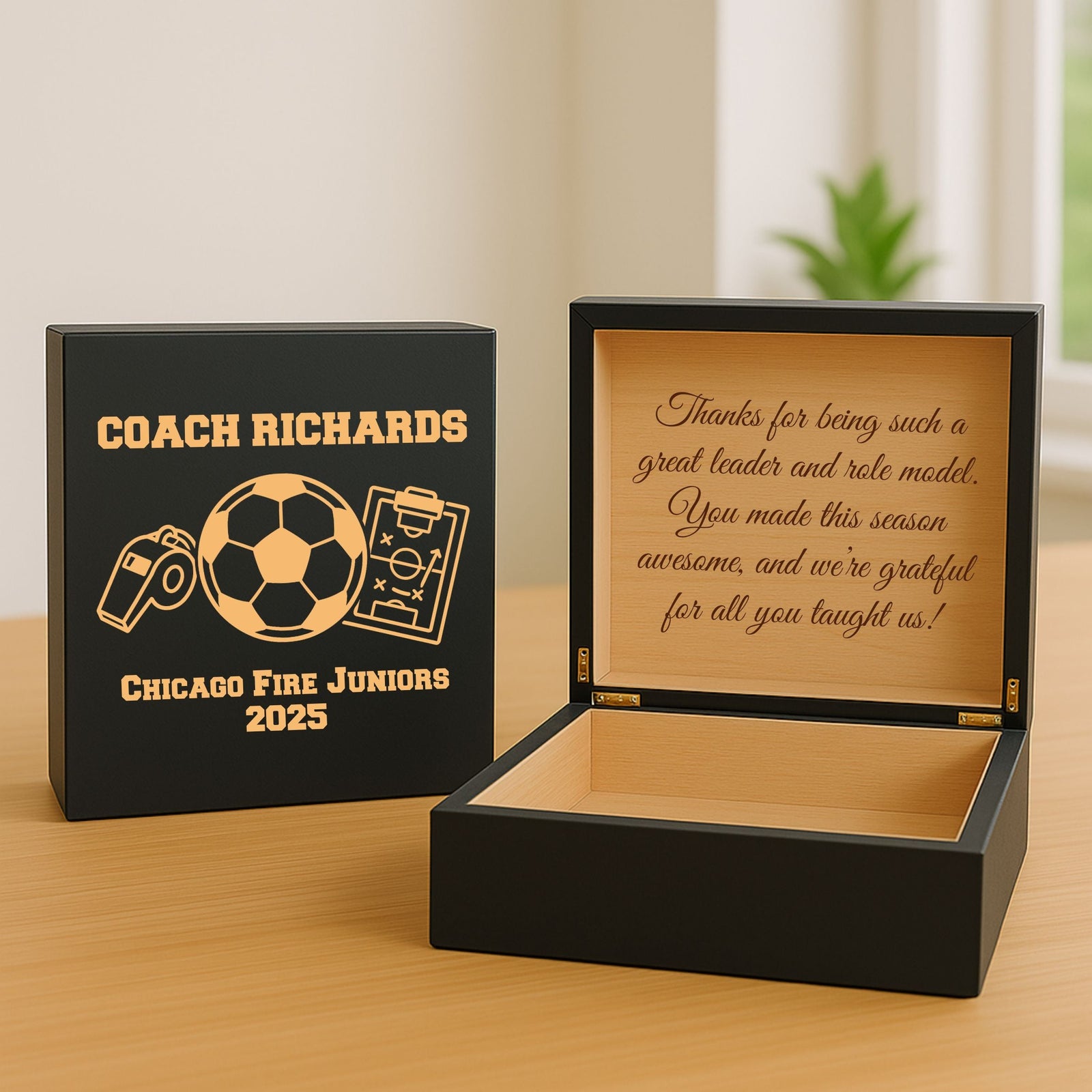 Personalized soccer coach keepsake box gift with engraved message for storing memories and team mementos