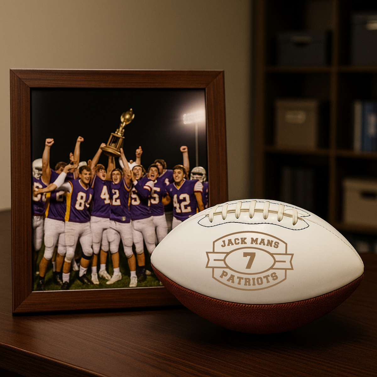 Custom keepsake football with a laser-engraved white panel inspired by a championship trophy, personalized with the player's name, jersey number, and team