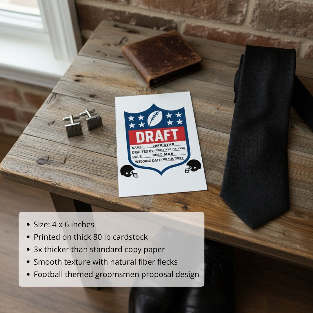 Groomsmen Football Draft Proposal card personalized with name and wedding date