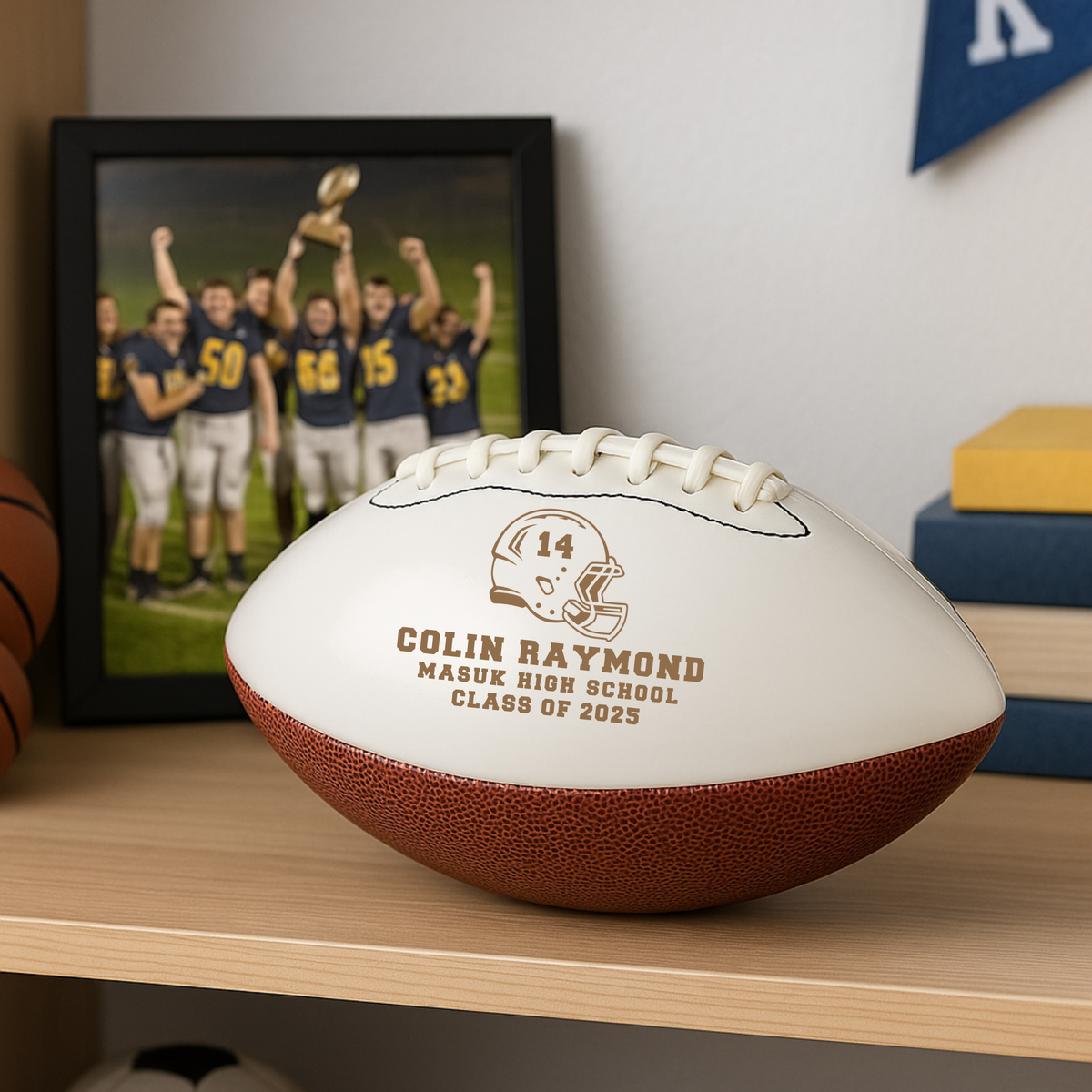White and brown football engraved with sample personalization showing player number 14, name "Colin Raymond," school "Masuk High School," and "Class of 2025" with helmet logo.