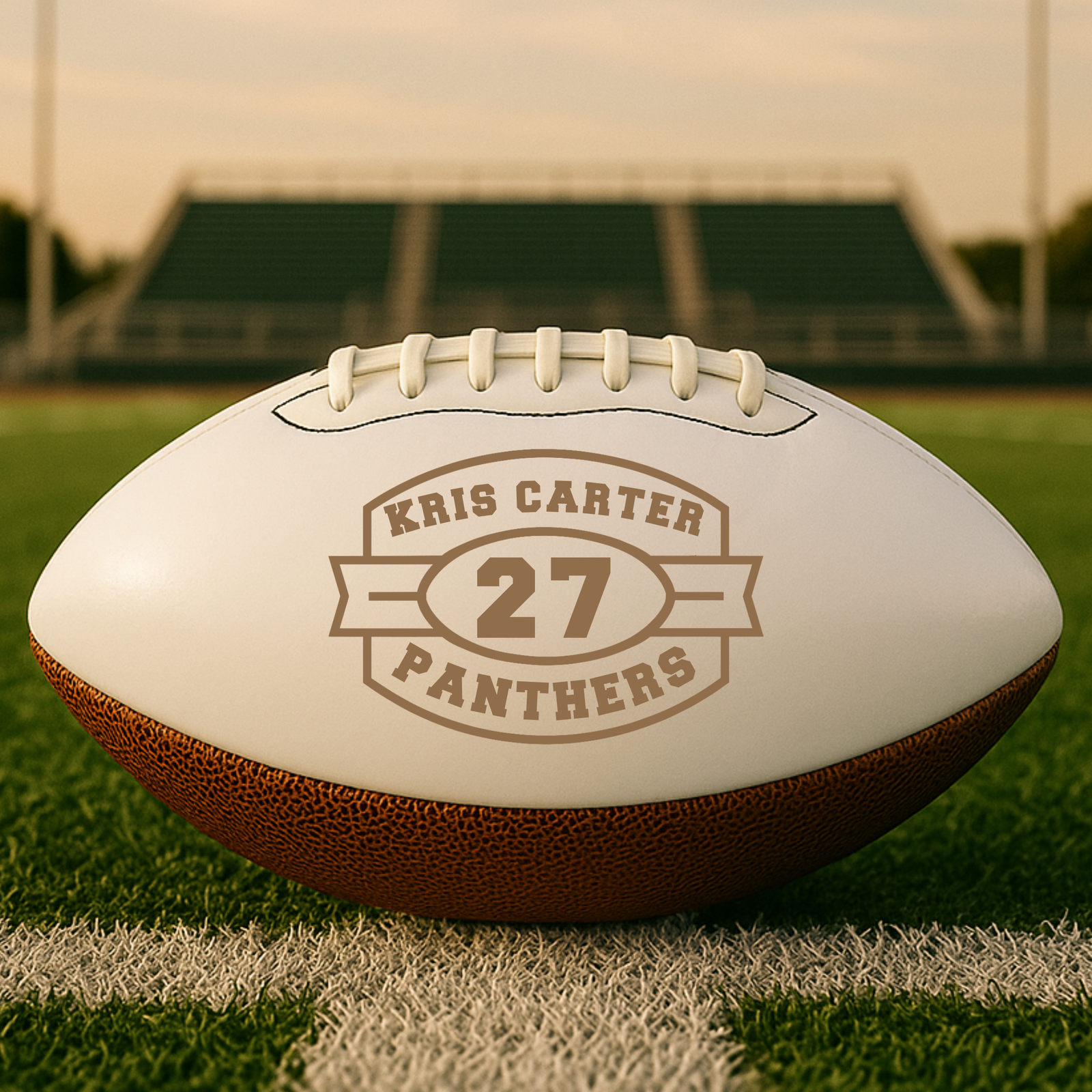 Custom keepsake football with a laser-engraved white panel inspired by a championship trophy, personalized with the player's name, jersey number, and team