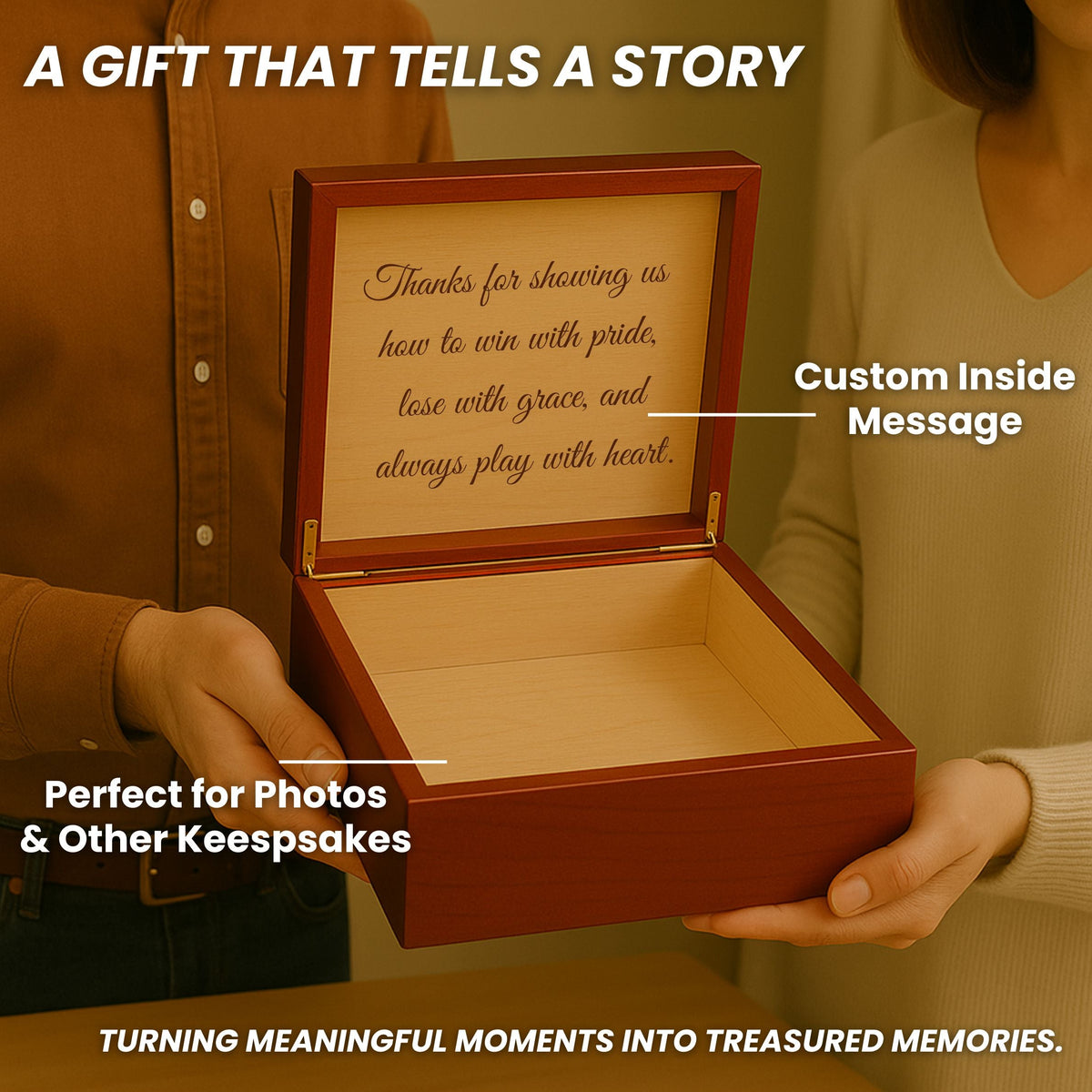 Personalized soccer coach keepsake box gift with engraved message for storing memories and team mementos