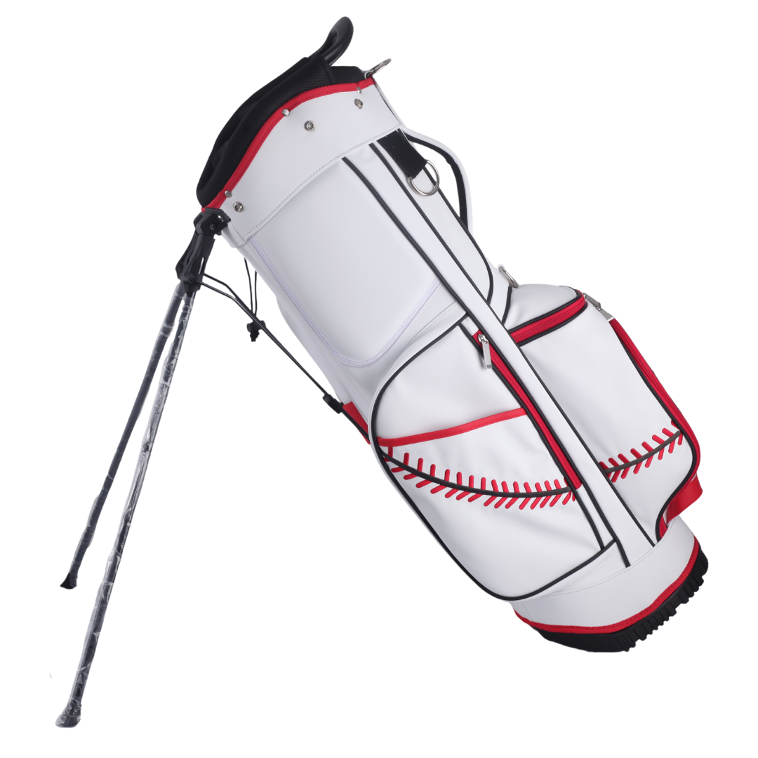 Baseball-inspired PU leather golf bag with red stitching, six pockets, and stand legs.