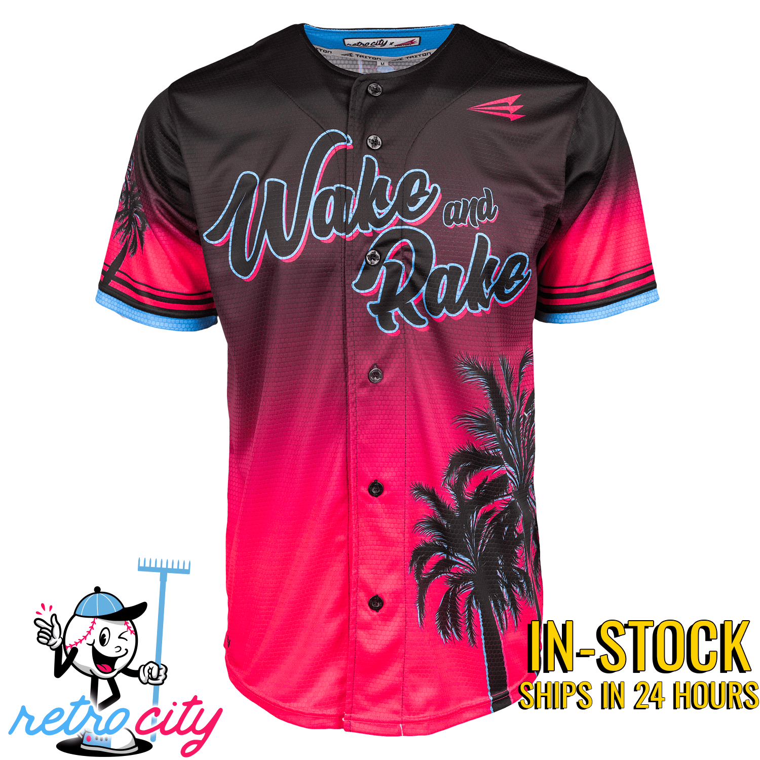 Black and hot pink gradient baseball jersey with "Wake and Rake" text in blue outline lettering across chest, button front, and palm tree graphic on side.