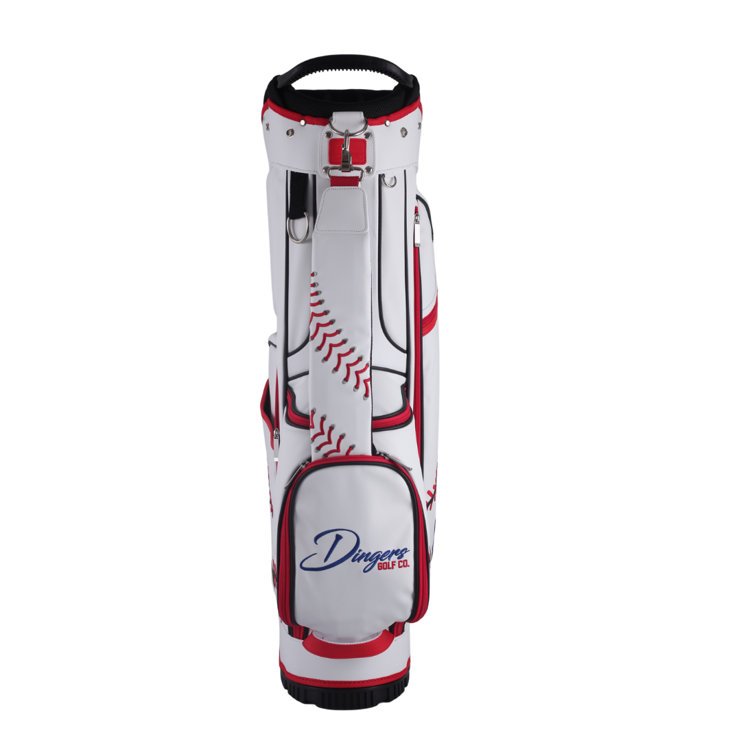 Baseball-inspired PU leather golf bag with red stitching, six pockets, and stand legs.