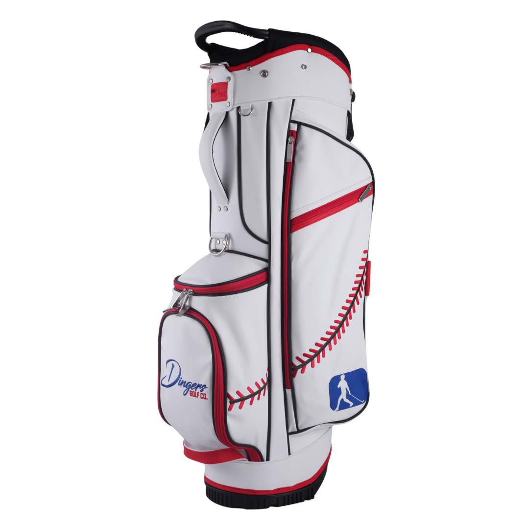 Baseball-inspired PU leather golf bag with red stitching, six pockets, and stand legs.