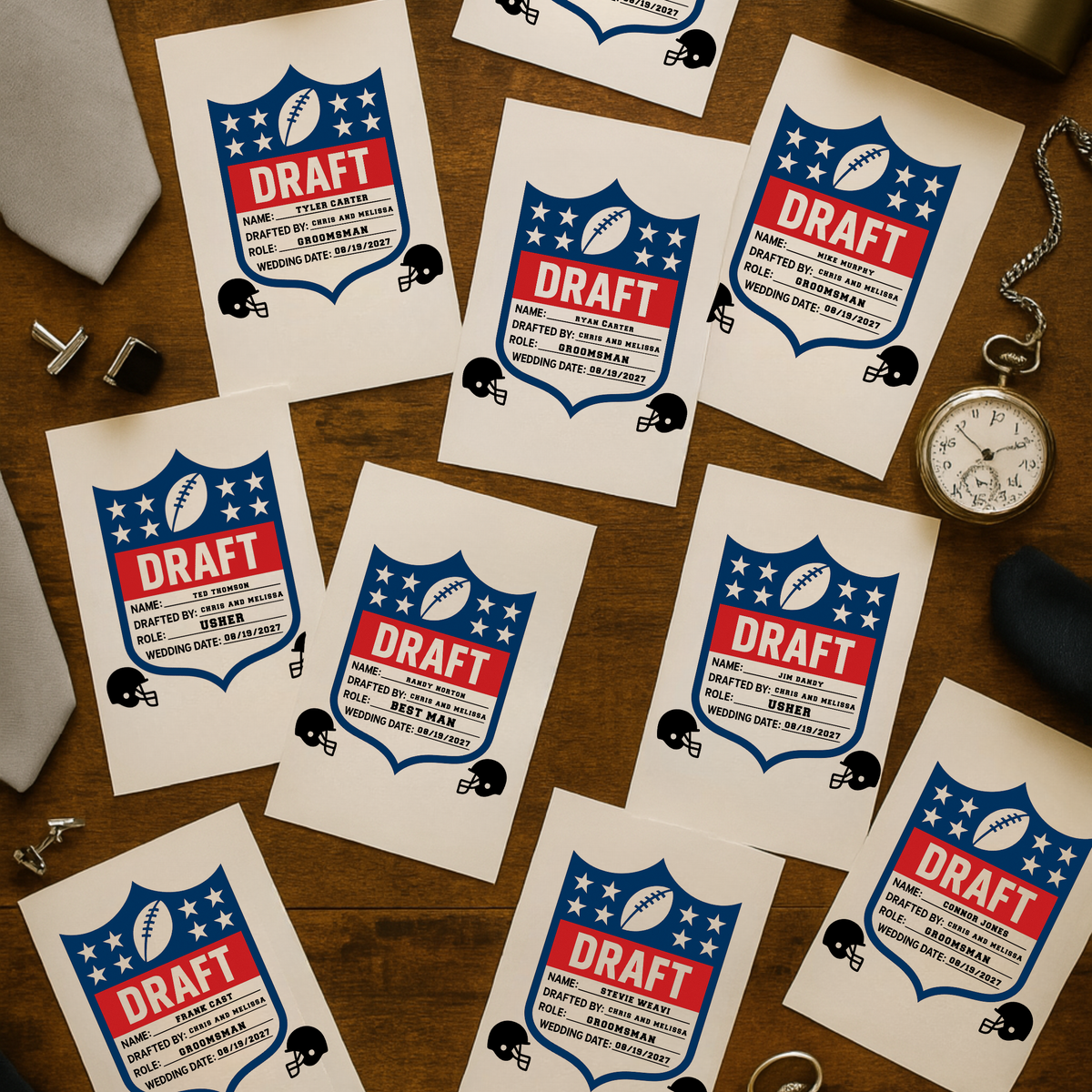 Groomsmen Football Draft Proposal card designed like an NFL draft invite