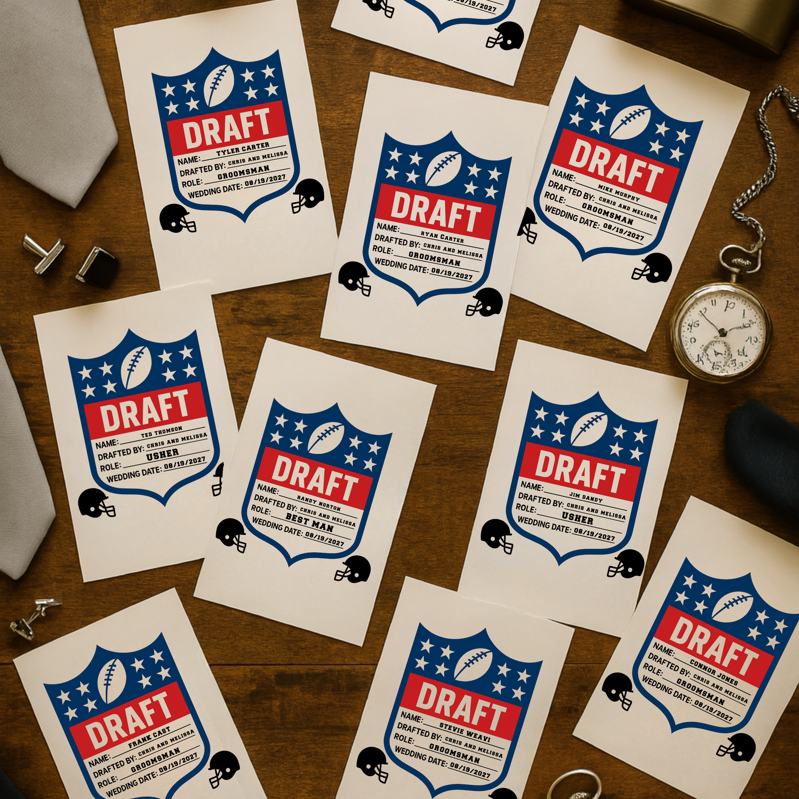 Groomsmen Football Draft Proposal card designed like an NFL draft invite