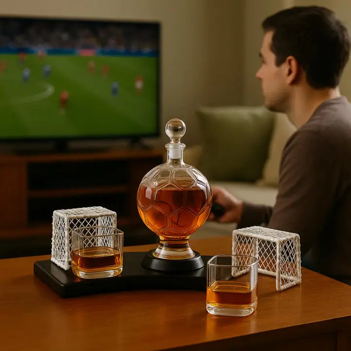 Soccer ball-shaped decanter filled with whiskey alongside two rocks glasses with miniature goalpost holders, displayed on black base in living room setting