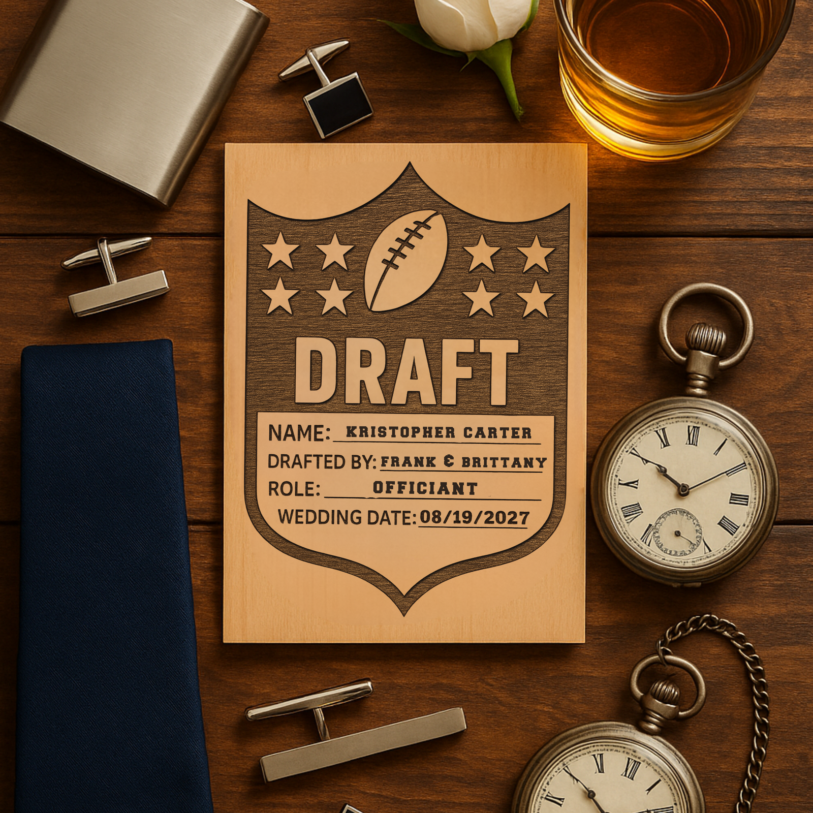 Football Groomsmen Proposal Card carved from wood in a football shield shape