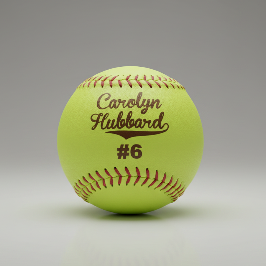 Bright yellow regulation softball with red stitching, laser-engraved with sample name "Carolyn Hubbard" and number 6 in brown text
