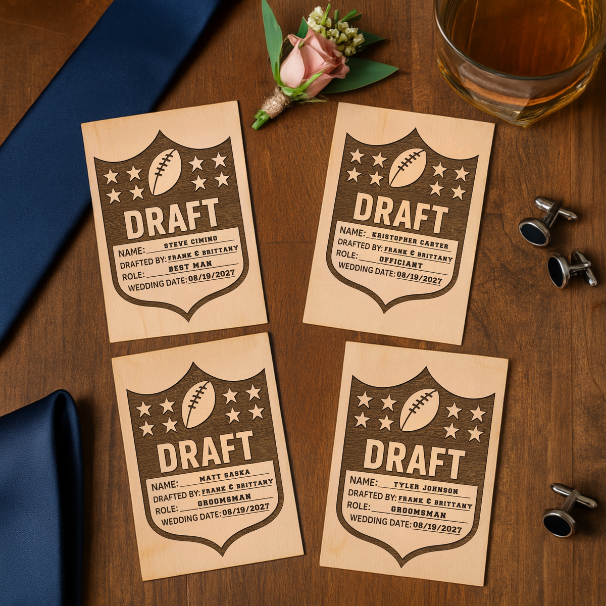 Football Groomsmen Proposal Card personalized with name, role, and wedding date