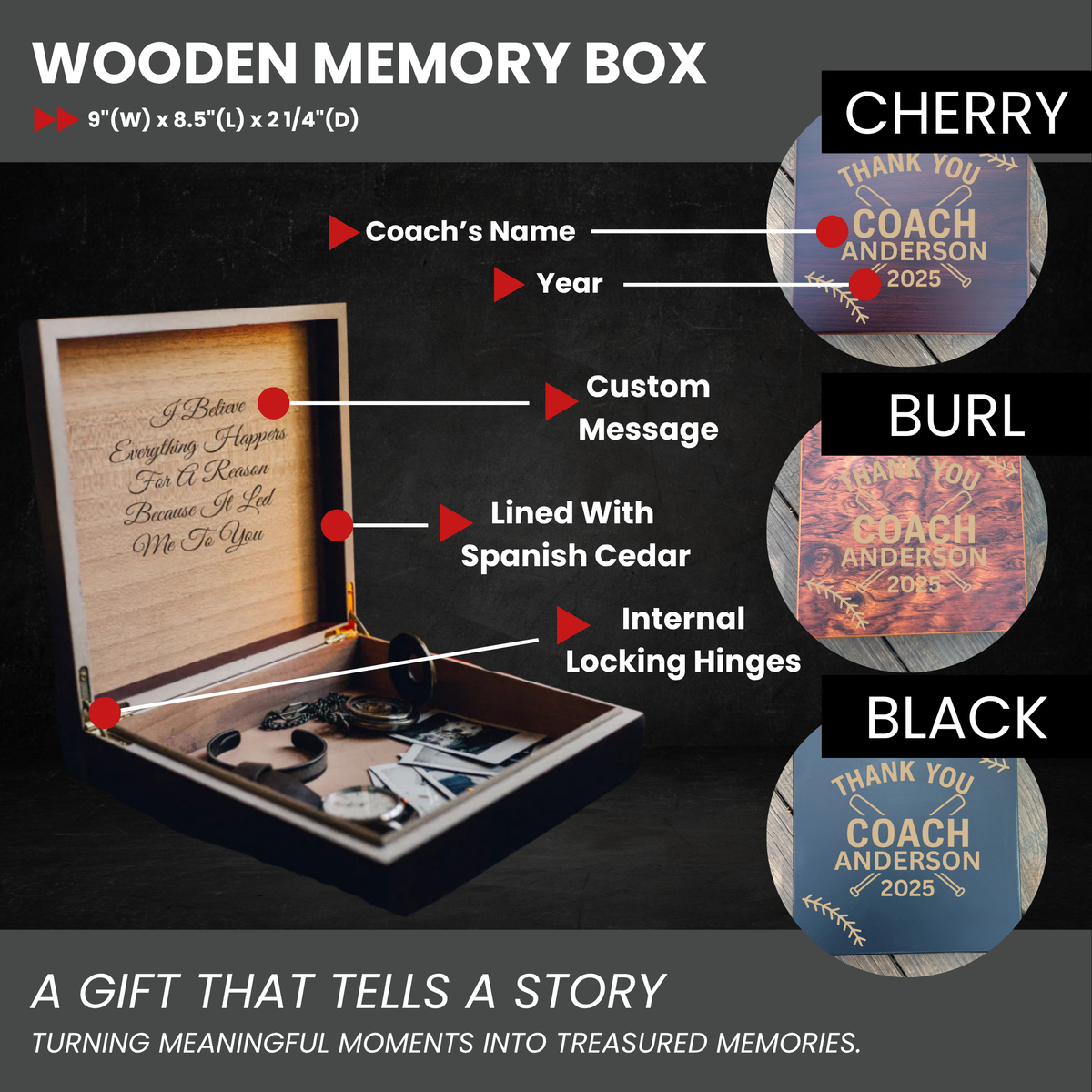 Wooden Memory Box features card showing the 9 by 8.5 by 2.25 inch dimensions, customization callouts for coach name, year, custom message, Spanish cedar lining, and internal locking hinges, with Cherry, Burl, and Black wood variants
