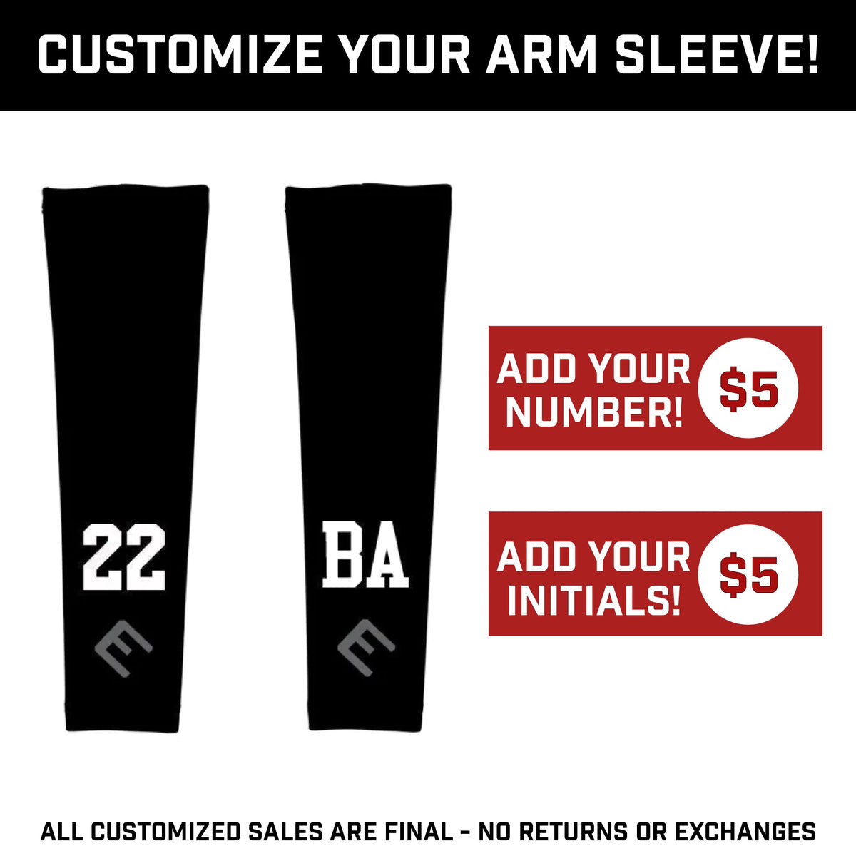 Preview showing customization options for black arm sleeves with sample number 22 and initials BA, plus $5 add-on pricing for numbers and initials